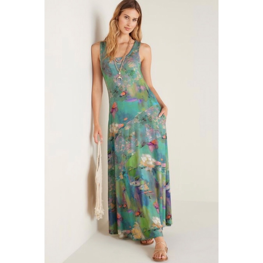 Soft Surroundings Santiago Lakeview Sleeveless Watercolor Maxi Dress Aqua Small
